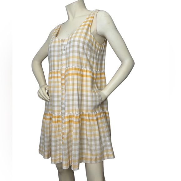 MADEWELL Yellow, White & Gray Plaid Button Down Sleeveless Tiered Ruffle Dress,M - Picture 8 of 16